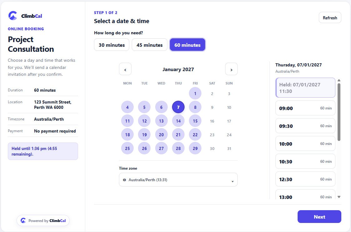 ClimbCal Customer Booking Page
